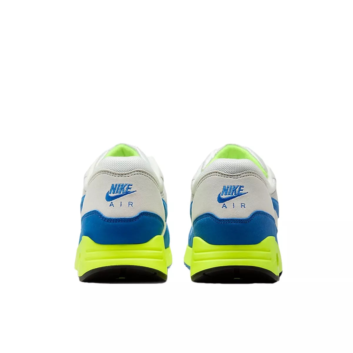 Nike Air Max 1 '86 OG Big Bubble sneakers, back view, model HF2903-100, in white and blue, special edition for Air Max Day 2024.