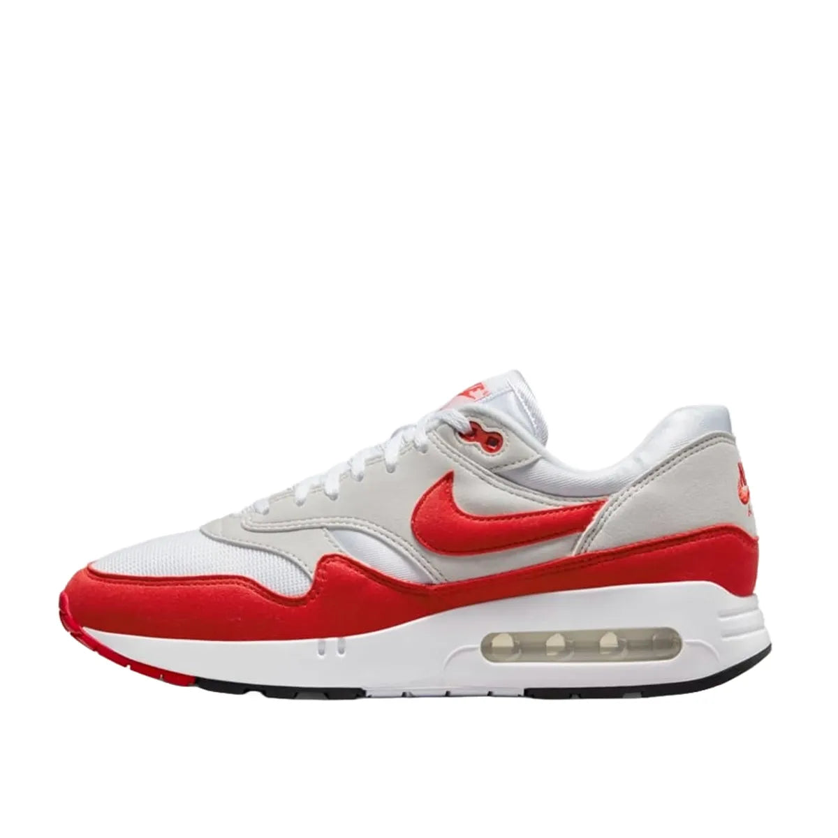 Nike Air Max 1 86 OG Big Bubble Sport Red sneakers, side view, model DQ3989-100 in white and sport red.