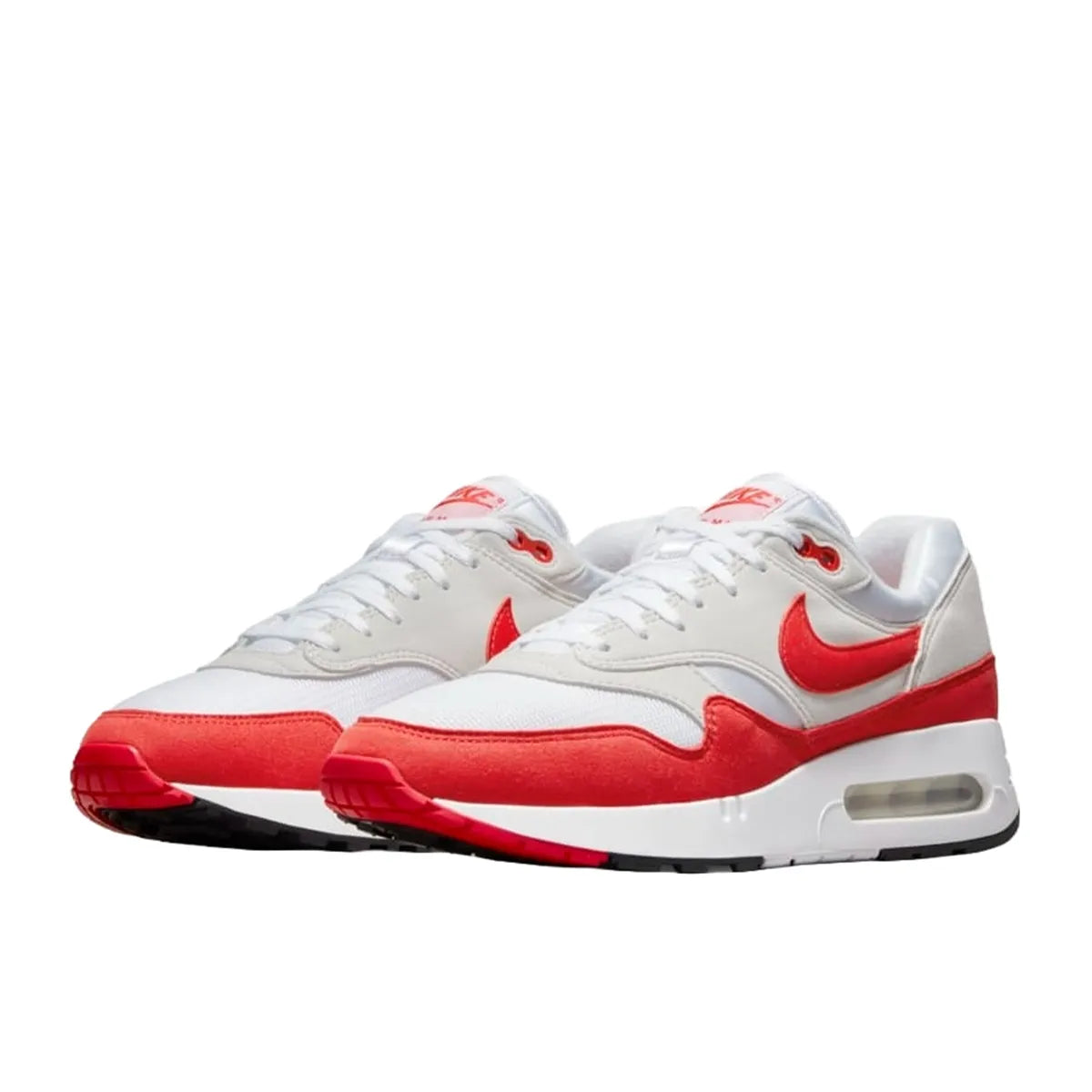 Nike Air Max 1 86 OG Big Bubble Sport Red sneakers, front view, model DQ3989-100 in white and sport red.