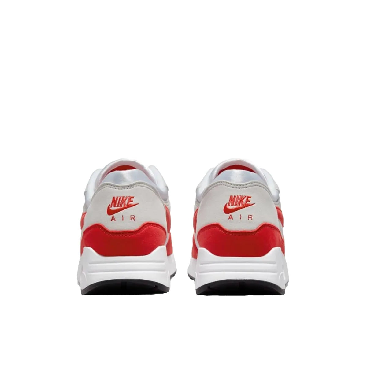 Nike Air Max 1 86 OG Big Bubble Sport Red sneakers, back view, model DQ3989-100 in white and sport red.