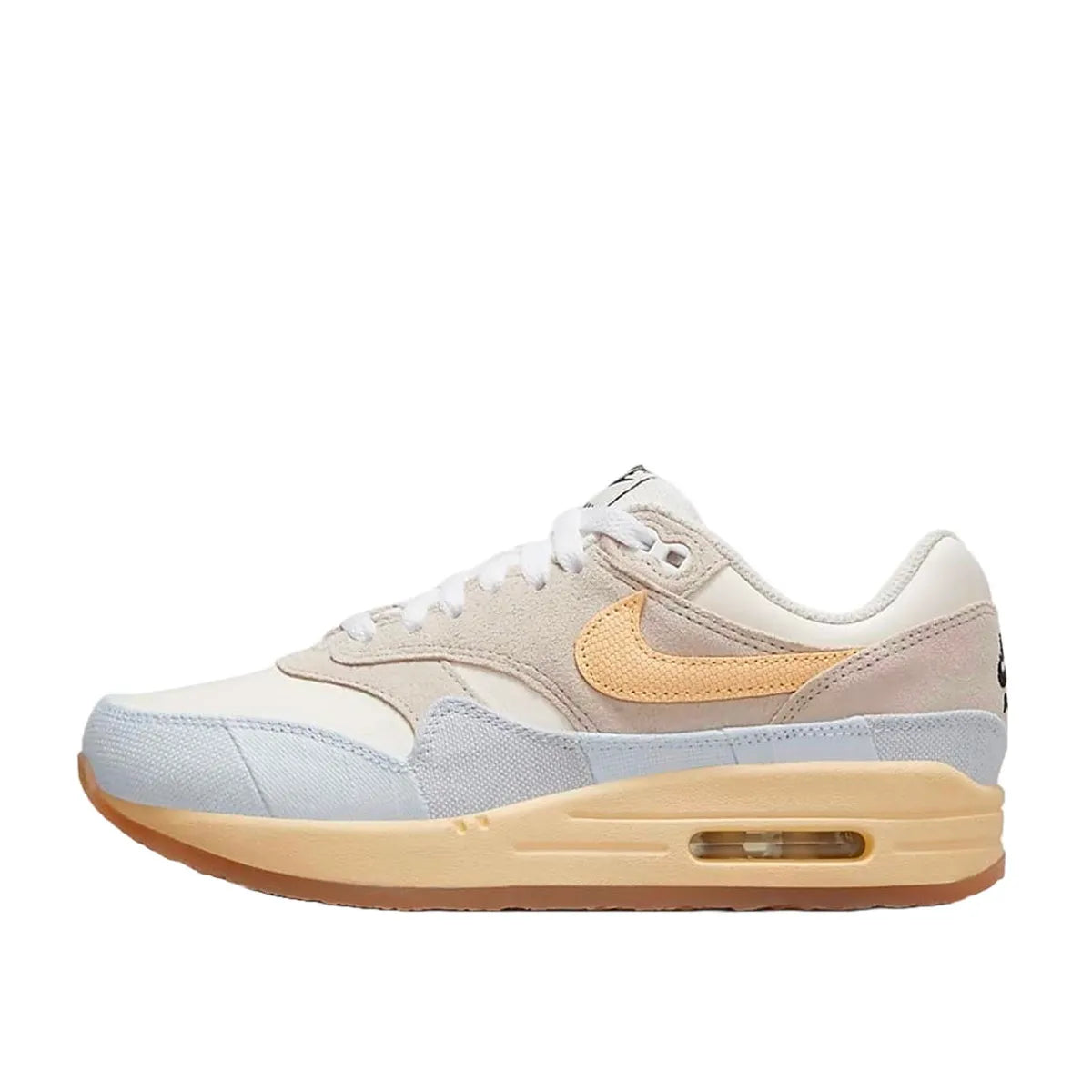 Nike Air Max 1 '87 Crepe sneakers, side view, model FJ4735-001, light bone with cream and beige accents.