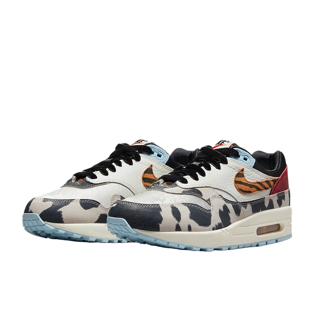 Nike Air Max 1 '87 Great Indoors Women's sneakers, front view, model FD0827-133, in cream with animal print details.