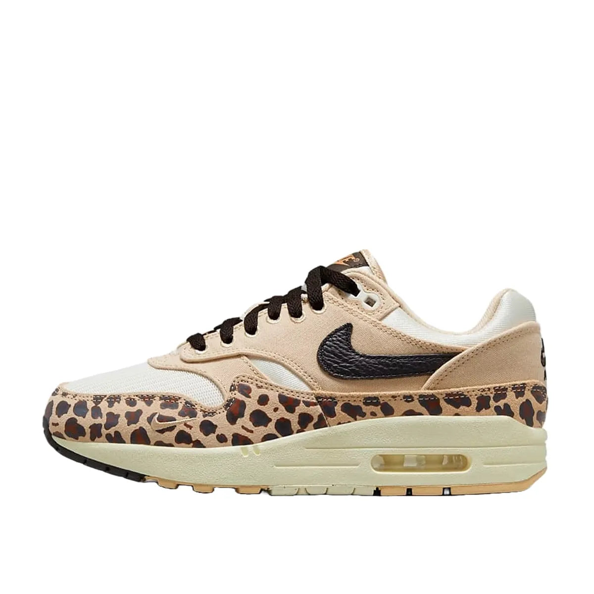 Nike Air Max 1 '87 Sesame Leopard Women's sneakers, side view, model FV6605-200, sesame with leopard print.