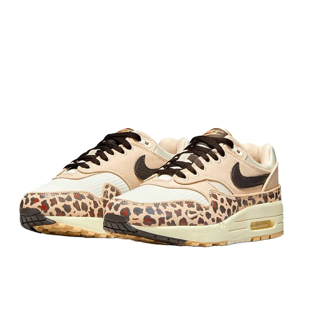 Nike Air Max 1 '87 Sesame Leopard Women's sneakers, front view, model FV6605-200, sesame with leopard print.