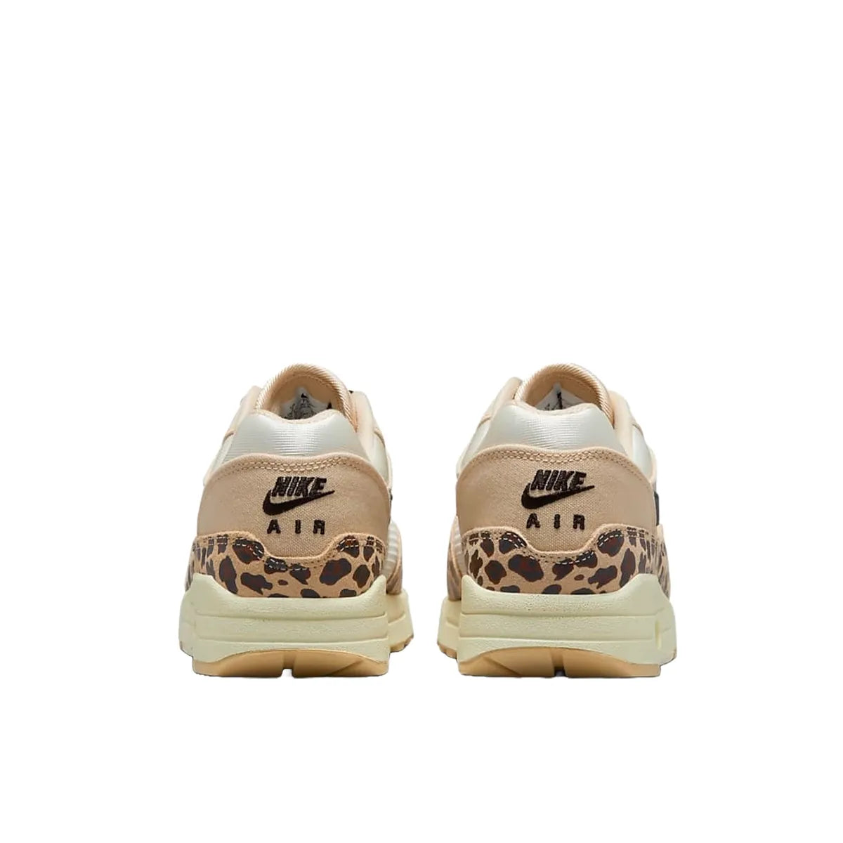 Nike Air Max 1 '87 Sesame Leopard Women's sneakers, back view, model FV6605-200, sesame with leopard print.