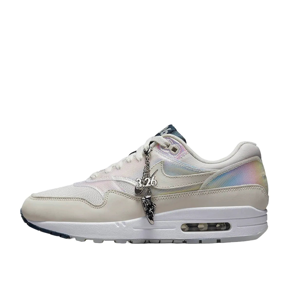 Nike Air Max 1 AMD La Ville Lumière Women's sneakers, side view, model DQ9326-100 in white with light accents.