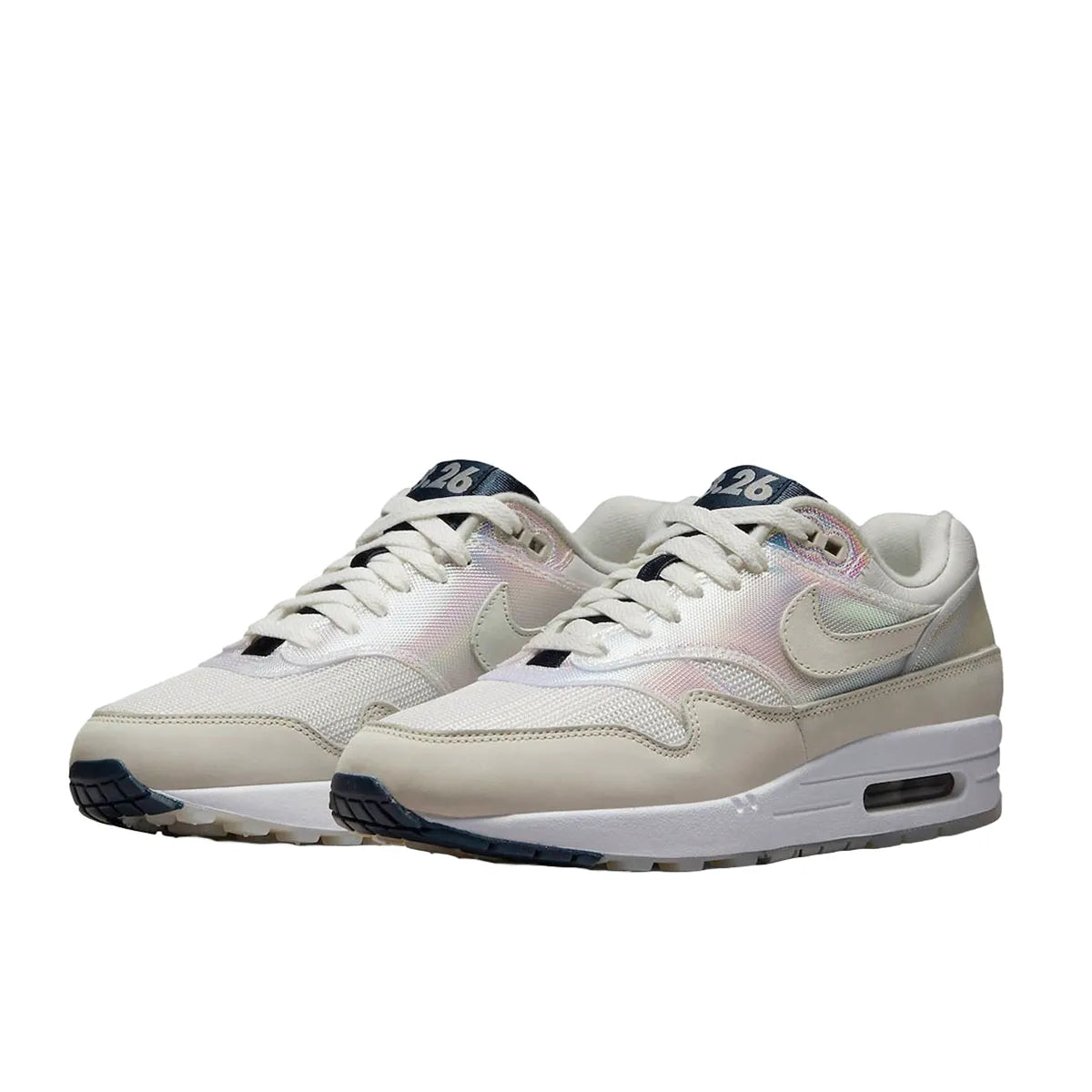 Nike Air Max 1 AMD La Ville Lumière Women's sneakers, front view, model DQ9326-100 in white with light accents.