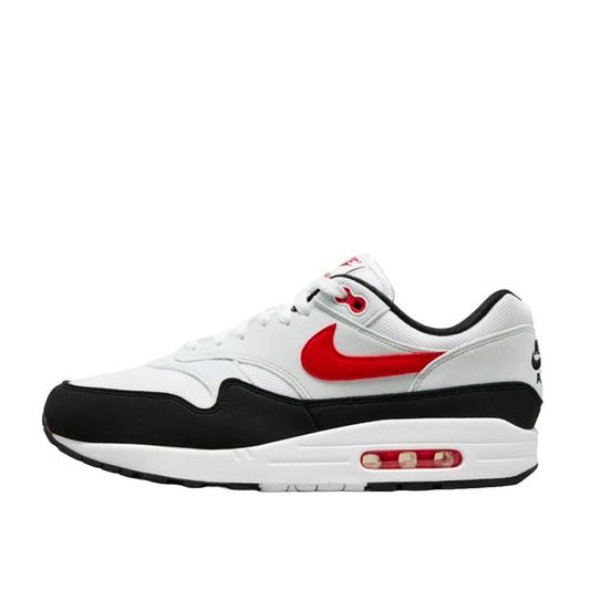 Nike Air Max 1 Chili 2.0 sneakers, side view, model FD9082-101 in white and red.