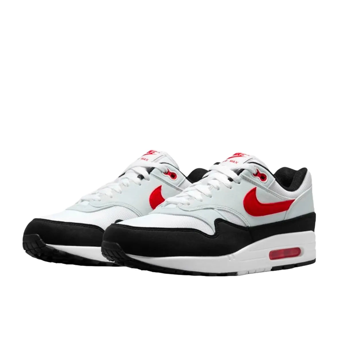 Nike Air Max 1 Chili 2.0 sneakers, front view, model FD9082-101 in white and red.