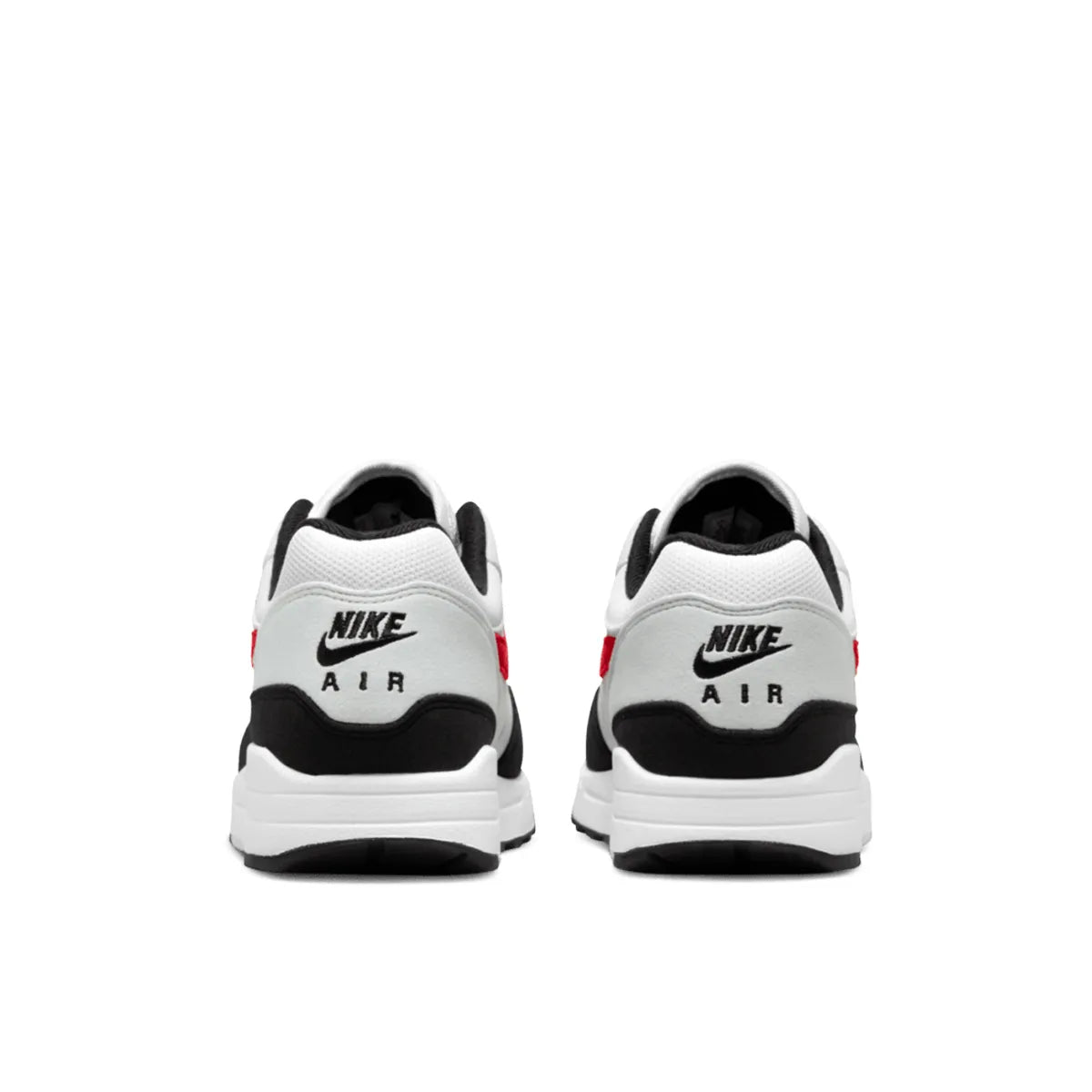 Nike Air Max 1 Chili 2.0 sneakers, back view, model FD9082-101 in white and red.