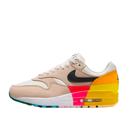 Nike Air Max 1 Women's sneakers, side view, model FQ2538-100, in khaki and multi-color.