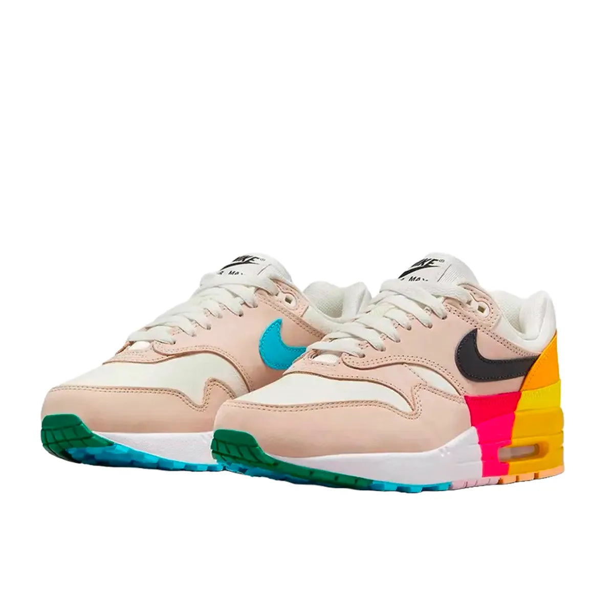 Nike Air Max 1 Women's sneakers, front view, model FQ2538-100, in khaki and multi-color.