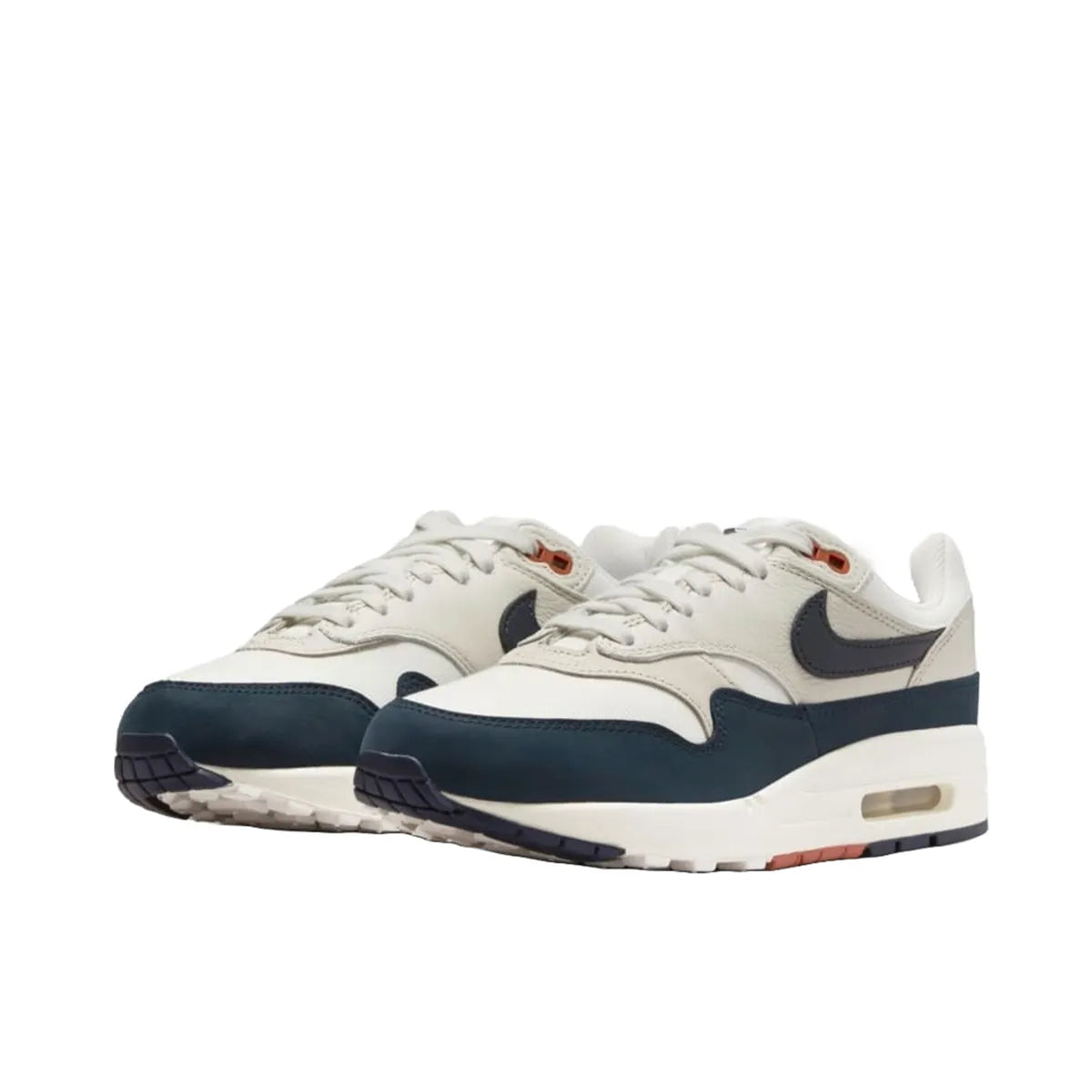 Nike Air Max 1 LX Obsidian Light Orewood Brown Women's sneakers, front view, model FD2370-110 in obsidian with light orewood brown accents.