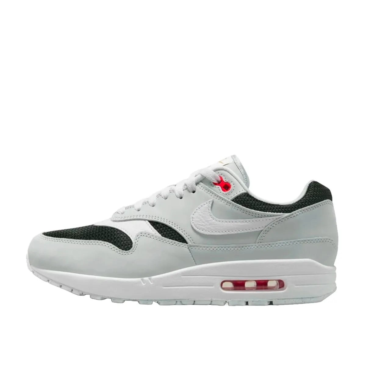 Nike Air Max 1 Urawa 2023 sneakers, side view, model FD9081-001 in grey, black and red details.