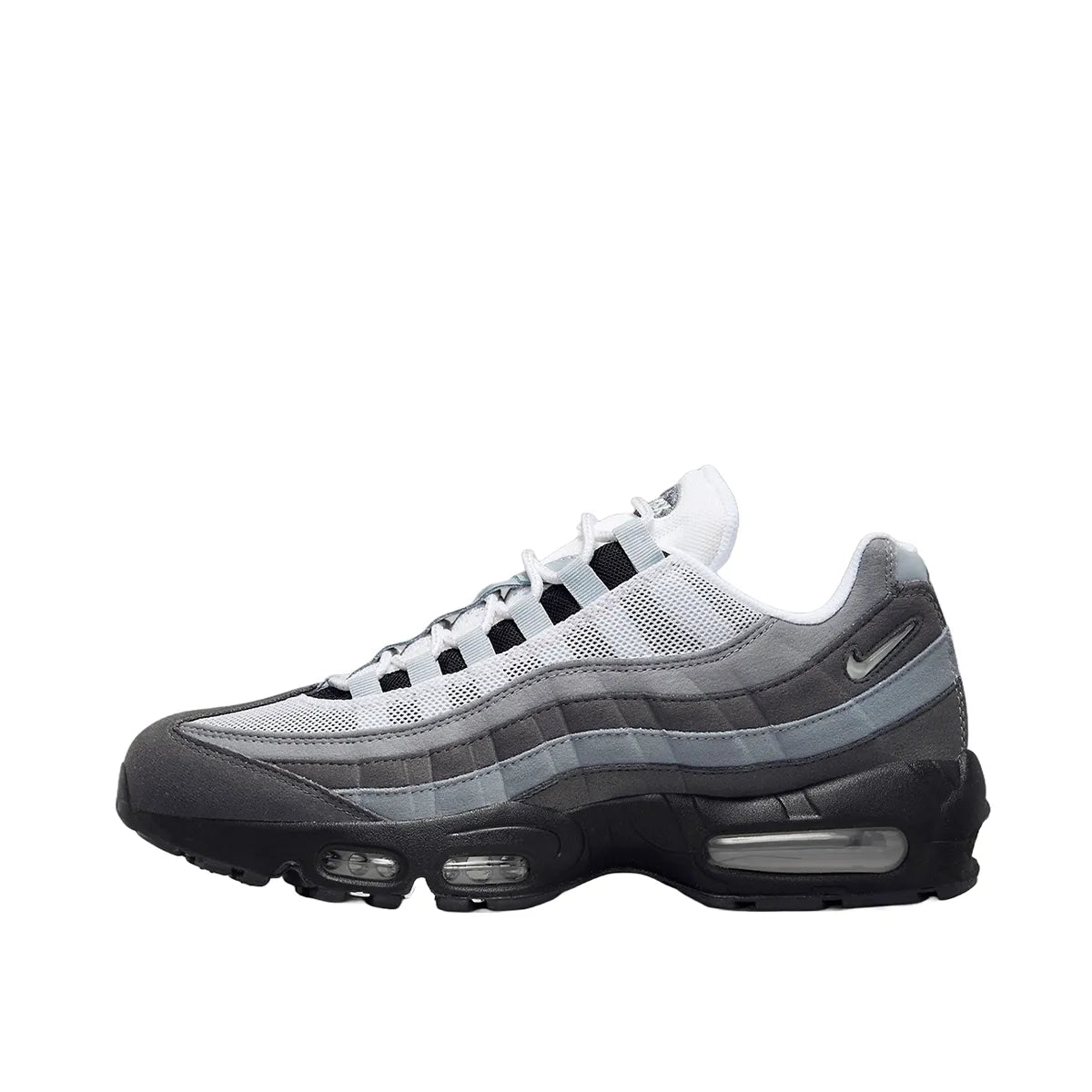 Nike Air Max 95 Jewel Swoosh sneakers, side view, model FQ1235-002, in grey with jewel swoosh detailing.