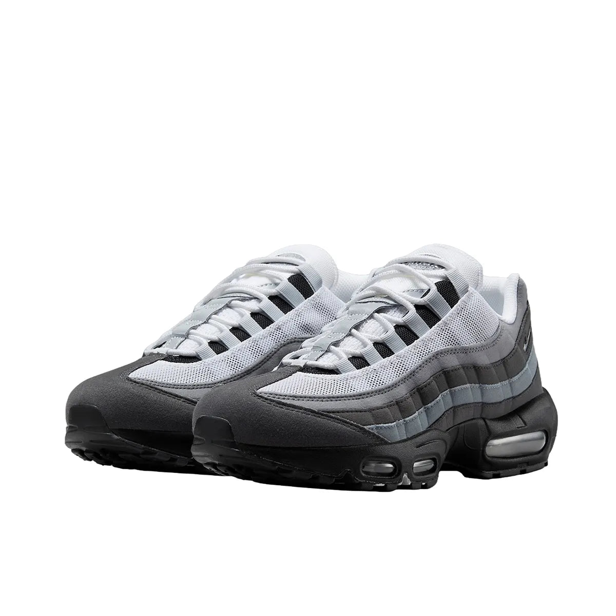 Nike Air Max 95 Jewel Swoosh sneakers, front view, model FQ1235-002, in grey with jewel swoosh detailing.