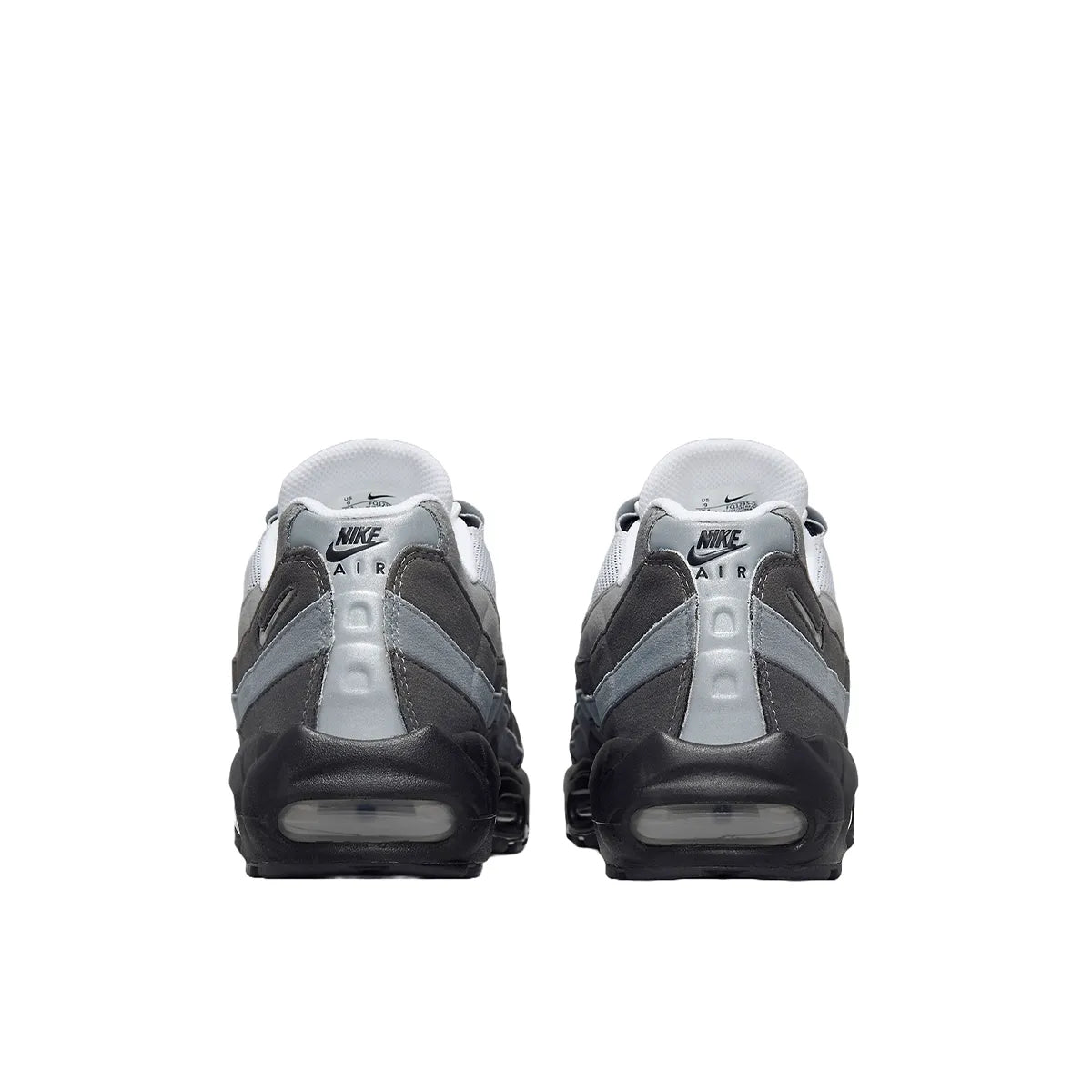 Nike Air Max 95 Jewel Swoosh sneakers, back view, model FQ1235-002, in grey with jewel swoosh detailing.