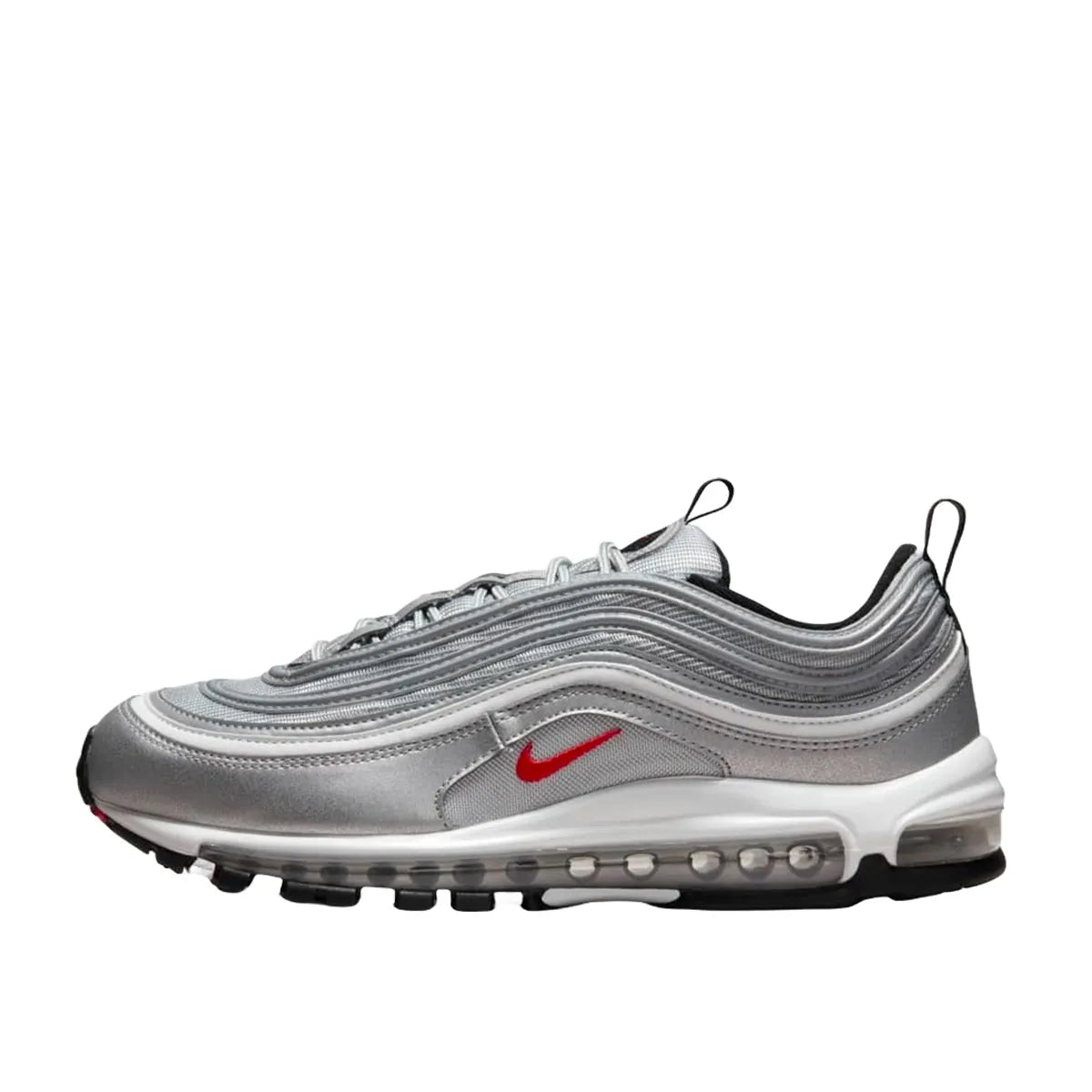 Nike Air Max 97 OG Silver Bullet 2022 sneakers, side view, model DM0028-002 in silver and red.