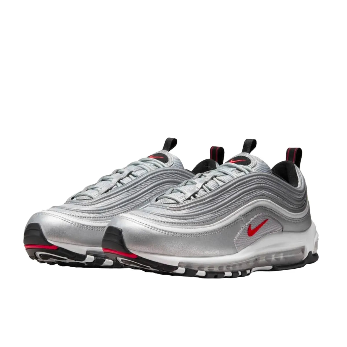 Nike Air Max 97 OG Silver Bullet 2022 sneakers, front view, model DM0028-002 in silver and red.