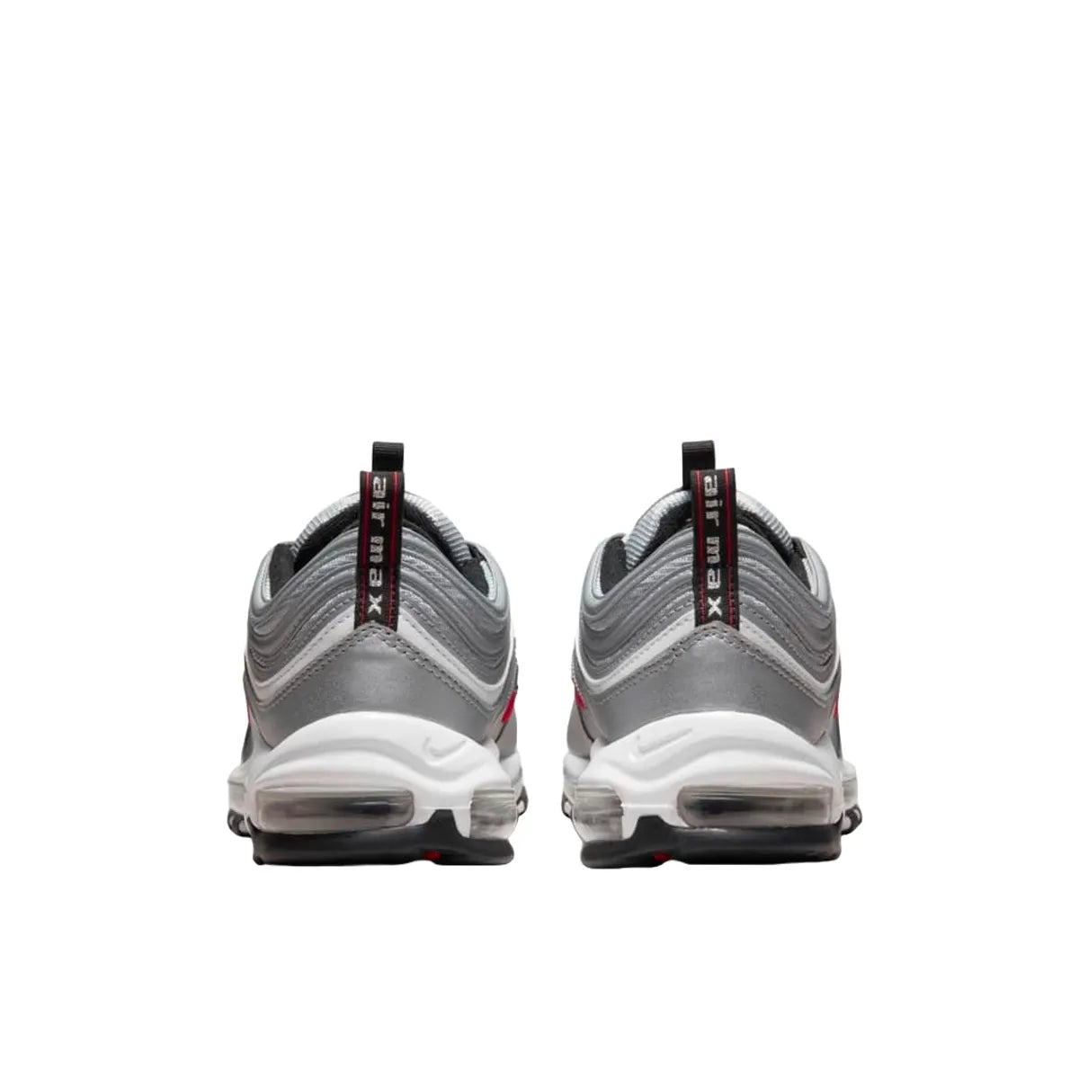 Nike Air Max 97 OG Silver Bullet 2022 sneakers, back view, model DM0028-002 in silver and red.