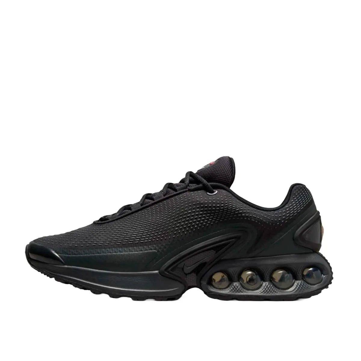 Nike Air Max DN sneakers, side view, model DV3337-002 in black with dark smoke grey details.