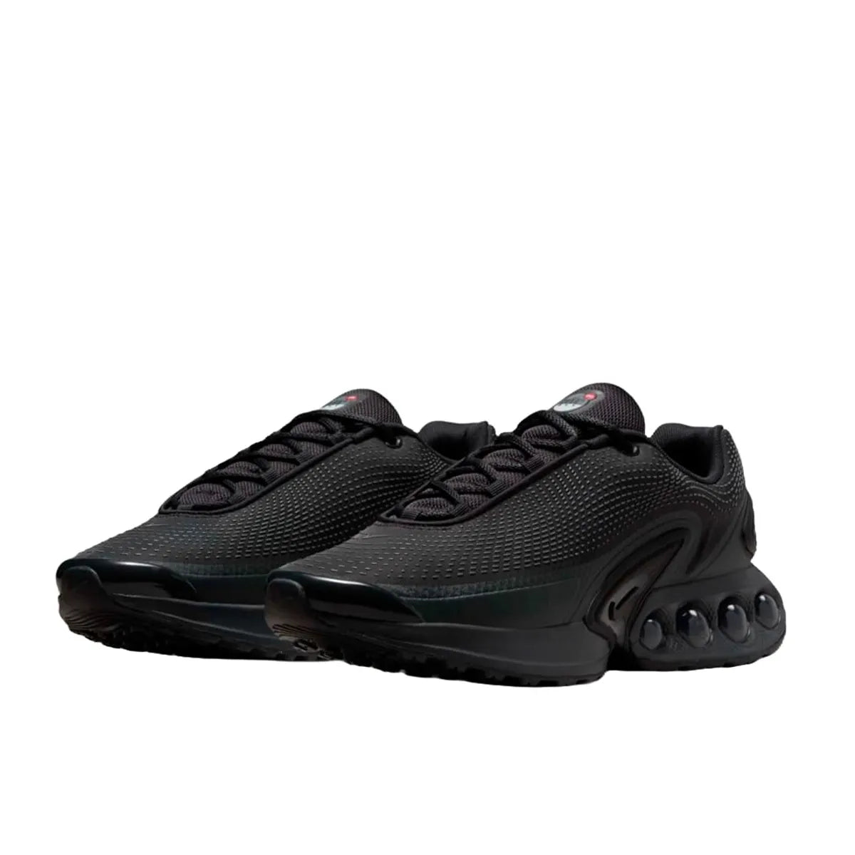 Nike Air Max DN sneakers, front view, model DV3337-002 in black with dark smoke grey details.