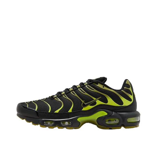 Nike Air Max Plus sneakers, side view, model DM0032-010, in black and olive green with pacific moss accents.