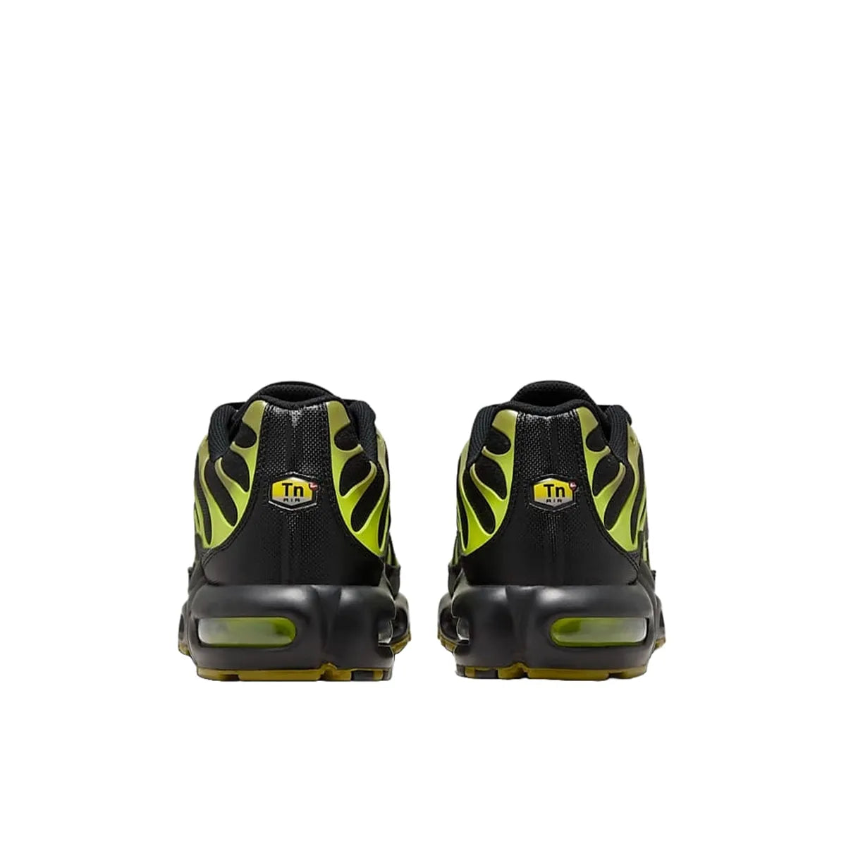 Nike Air Max Plus sneakers, back view, model DM0032-010, in black and olive green with pacific moss accents.