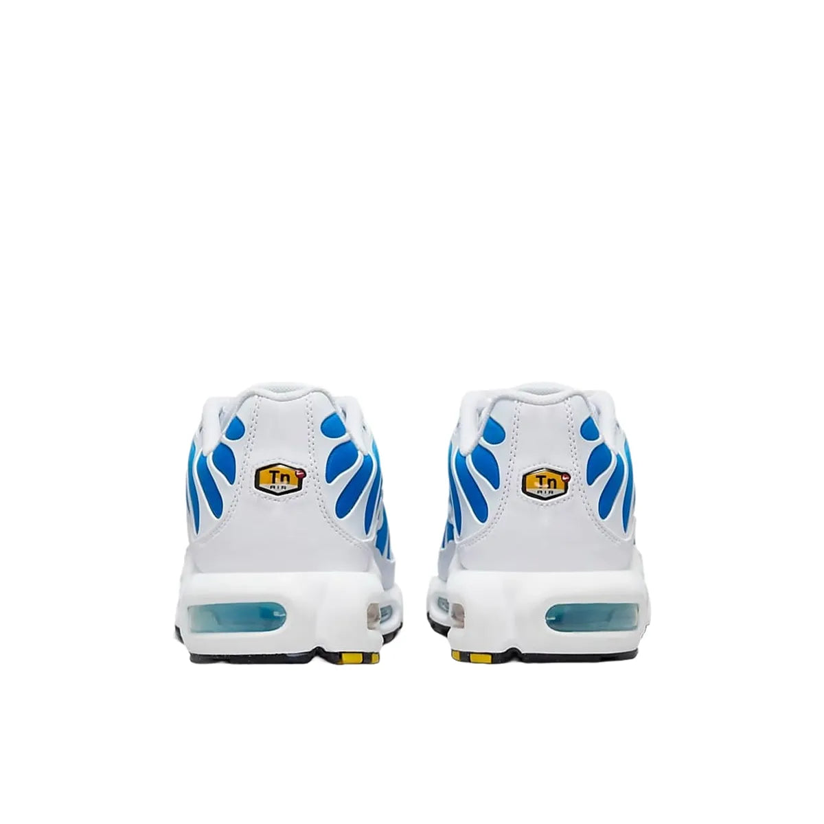 Nike Air Max Plus sneakers, back view, model 852630-411, in sky blue with black accents.