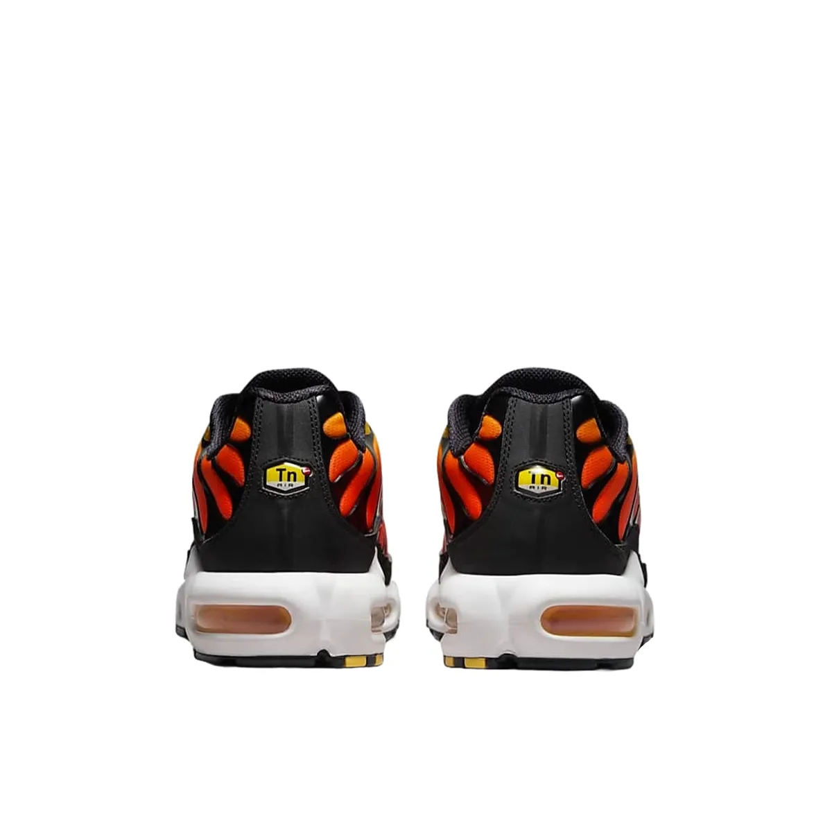 Nike Air Max Plus Sunset (2024) sneakers, back view, model HF0552-001, with an orange-to-yellow gradient.