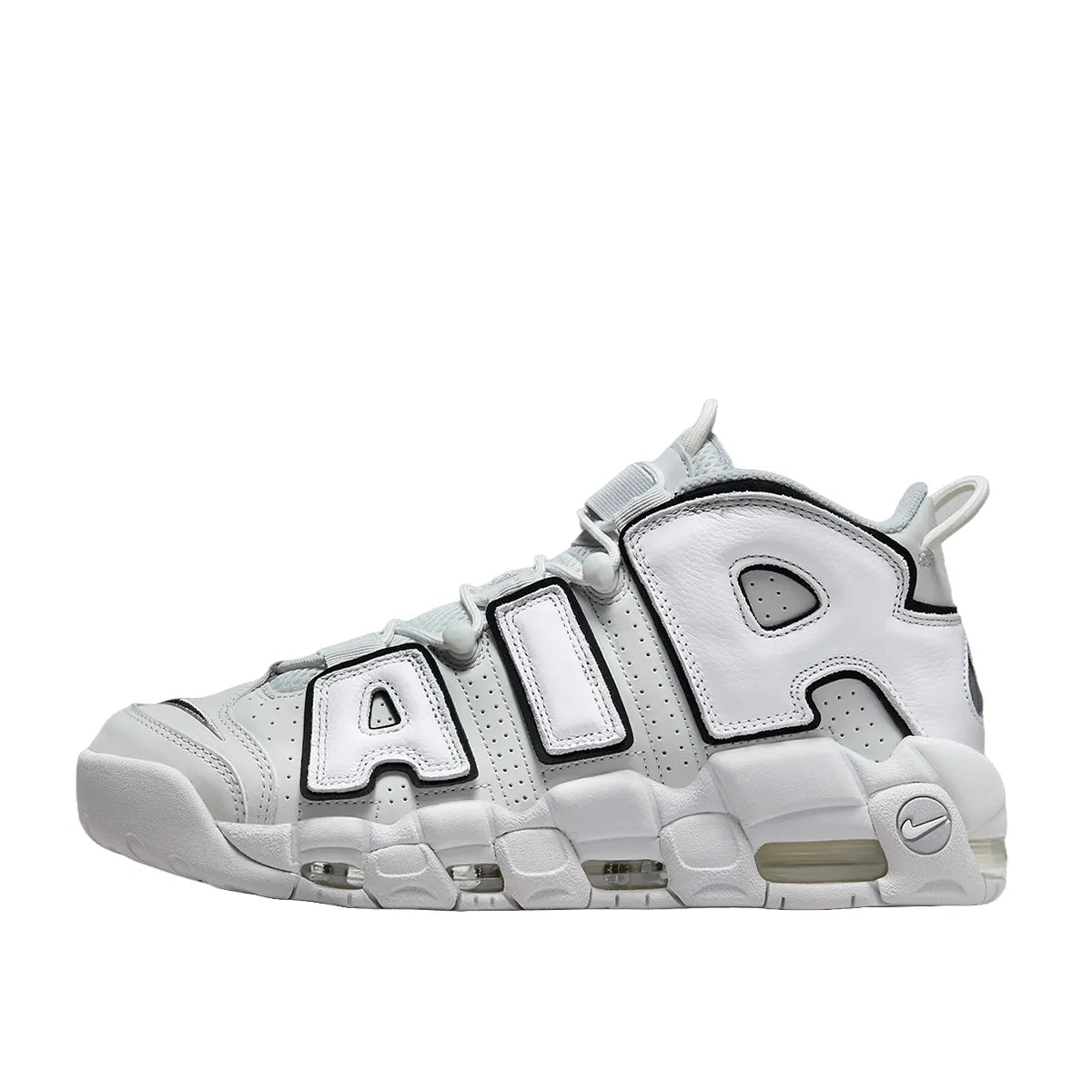 Nike Air More Uptempo 96 Photon Dust sneakers, side view, model FB3021-001 in photon dust with white accents.