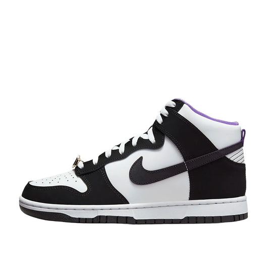 Nike Dunk High SE World Champs sneakers, side view, model DR9512-001 in black and white.