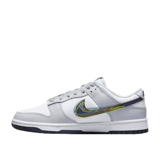 Nike Dunk Low 3D Swoosh sneakers, side view, model DV6482-100, in white and grey with colorful swoosh accents.