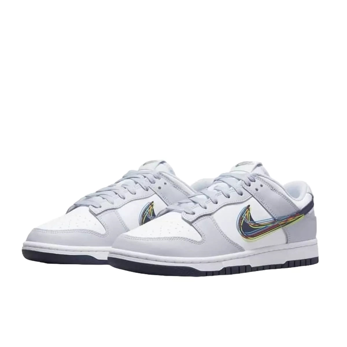 Nike Dunk Low 3D Swoosh sneakers, front view, model DV6482-100, in white and grey with colorful swoosh accents.