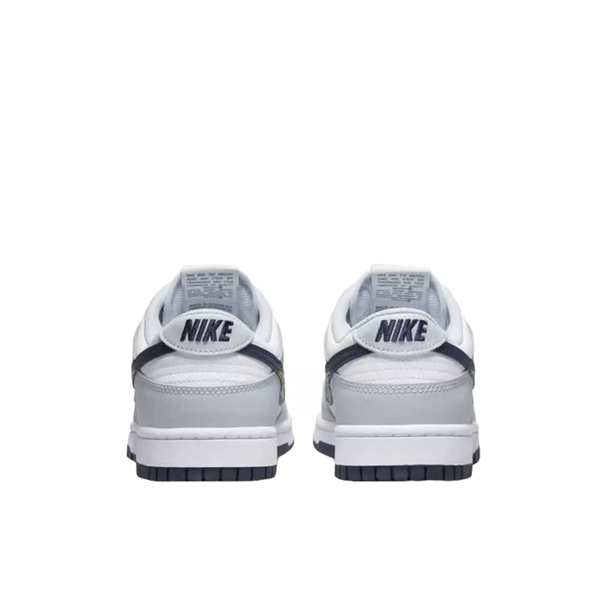 Nike Dunk Low 3D Swoosh sneakers, back view, model DV6482-100, in white and grey with colorful swoosh accents.