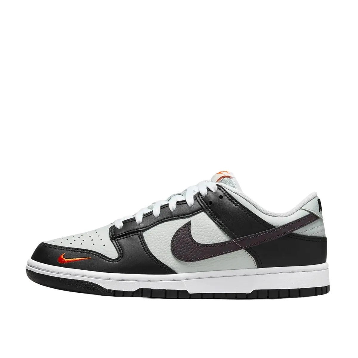 Nike Dunk Low Black Total Orange Mini Swoosh sneakers, side view, model FN7808-001 in black and orange.