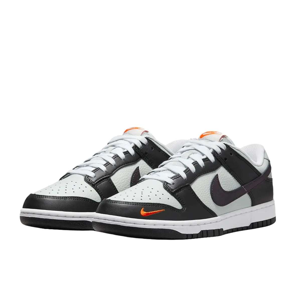 Nike Dunk Low Black Total Orange Mini Swoosh sneakers, front view, model FN7808-001 in black and orange.