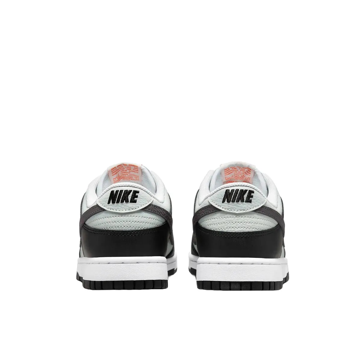 Nike Dunk Low Black Total Orange Mini Swoosh sneakers, back view, model FN7808-001 in black and orange.