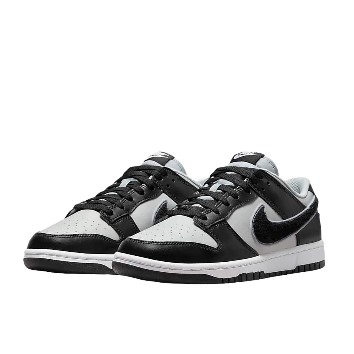 Nike Dunk Low Chenille Swoosh sneakers, front view, model DQ7683-001 in black and grey.