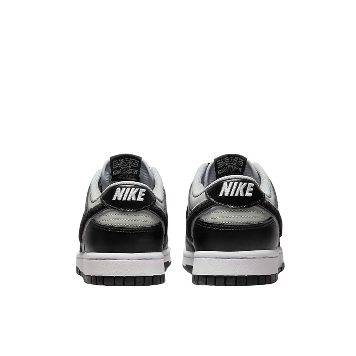 Nike Dunk Low Chenille Swoosh sneakers, back view, model DQ7683-001 in black and grey.