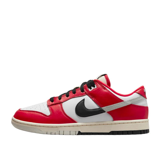 Nike Dunk Low Chicago Split sneakers, side view, model DZ2536-600, in red and white with black accents.