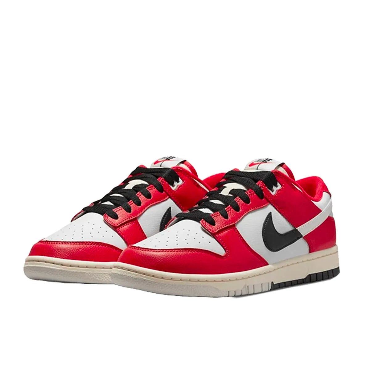 Nike Dunk Low Chicago Split sneakers, front view, model DZ2536-600, in red and white with black accents.