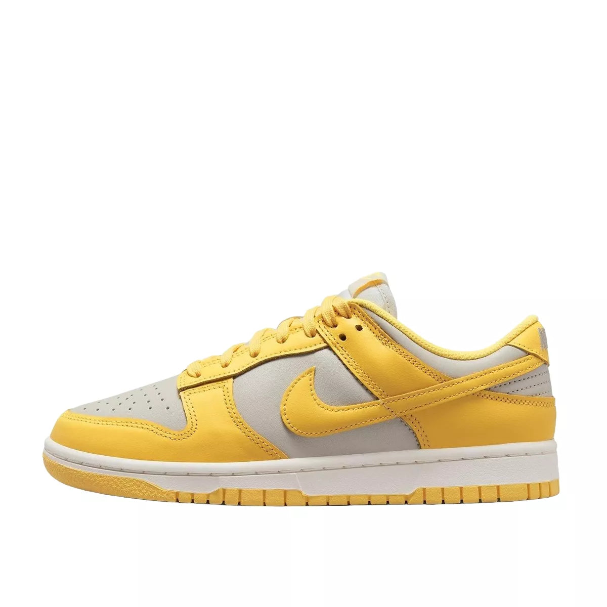 Nike Dunk Low sneakers, side view, model DD1503-002, in Citron Pulse, grey and yellow, women's.