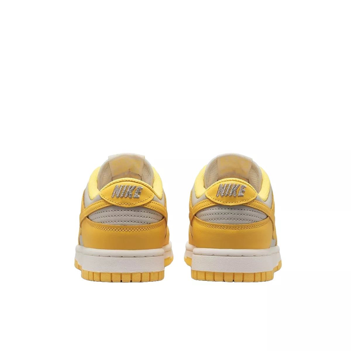 Nike Dunk Low sneakers, back view, model DD1503-002, in Citron Pulse, grey and yellow, women's.