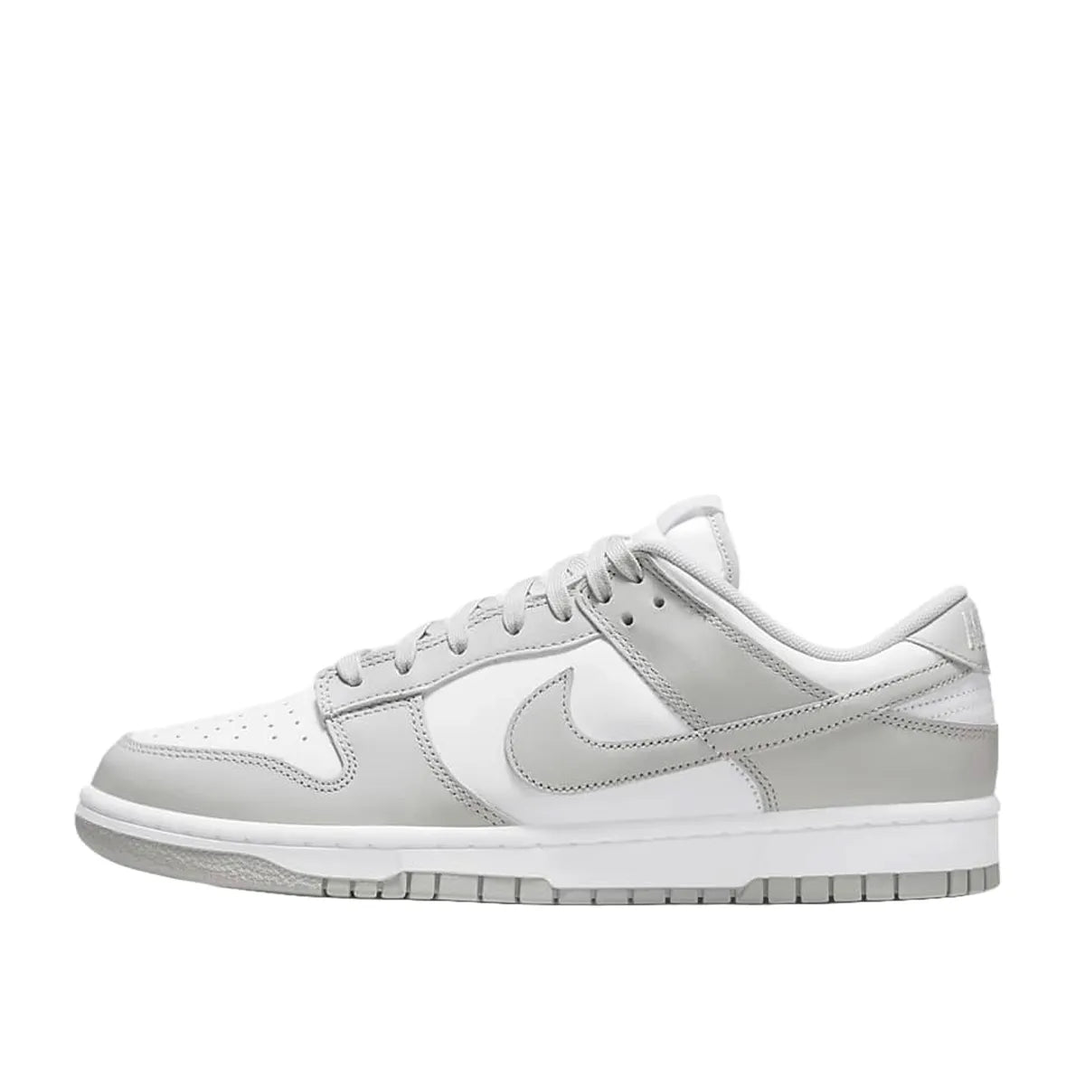 Nike Dunk Low sneakers in Grey Fog, side view, model DD1391-103 in grey and white.