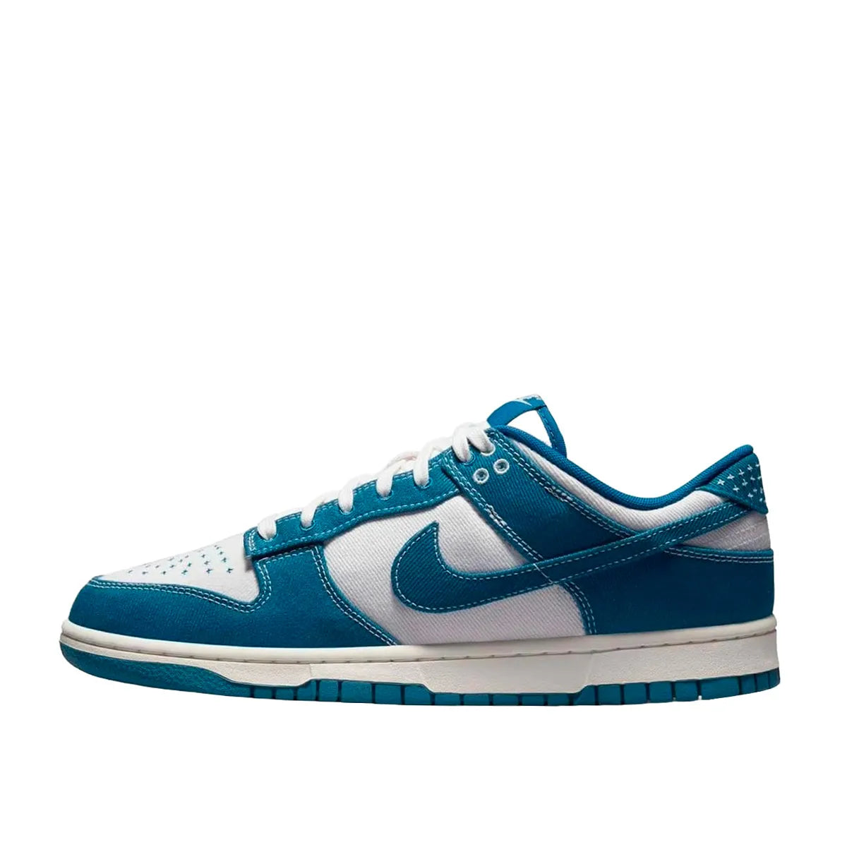 Nike Dunk Low Industrial Blue Sashiko sneakers, side view, model DV0834-101, in white with industrial blue and sashiko embroidery.