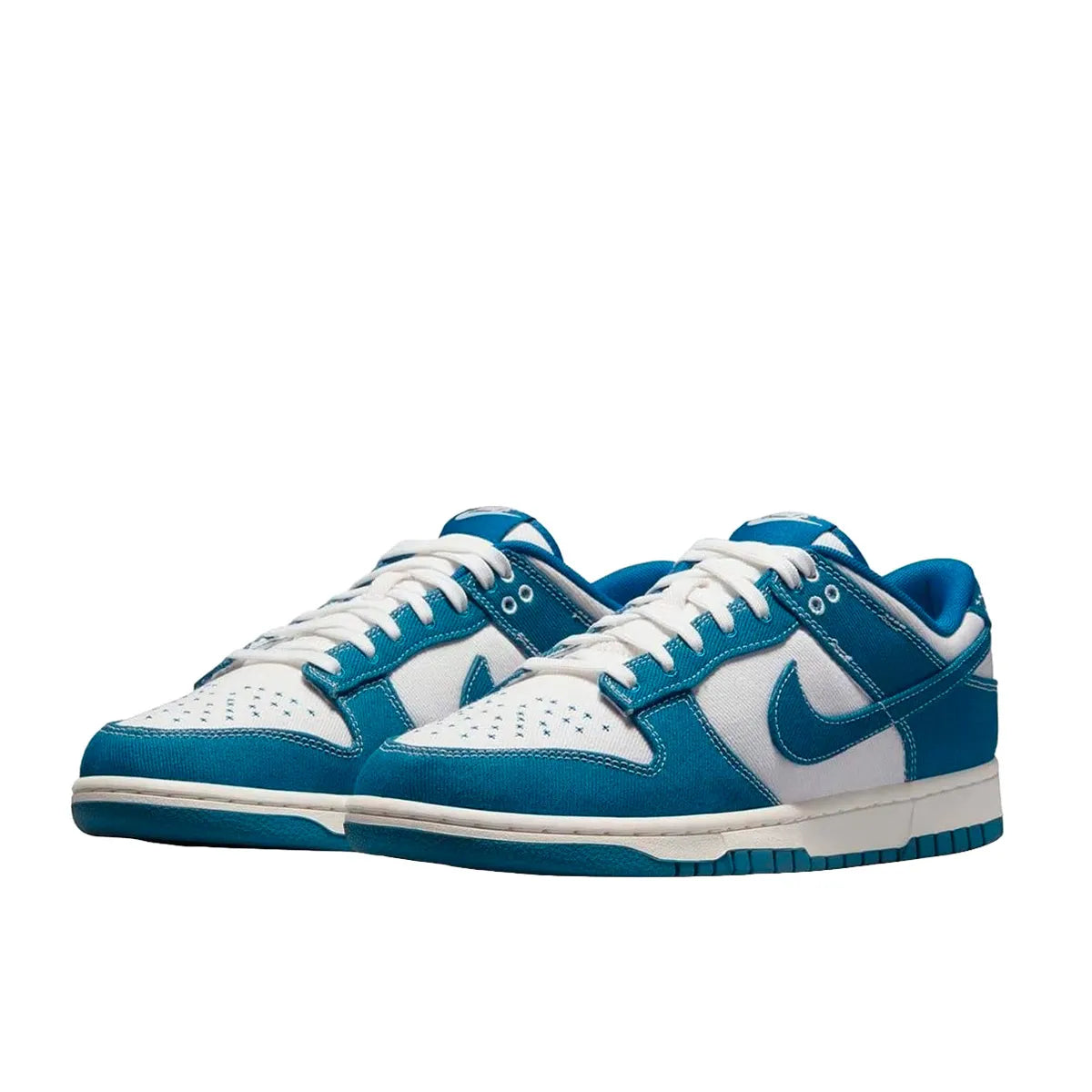 Nike Dunk Low Industrial Blue Sashiko sneakers, front view, model DV0834-101, in white with industrial blue and sashiko embroidery.