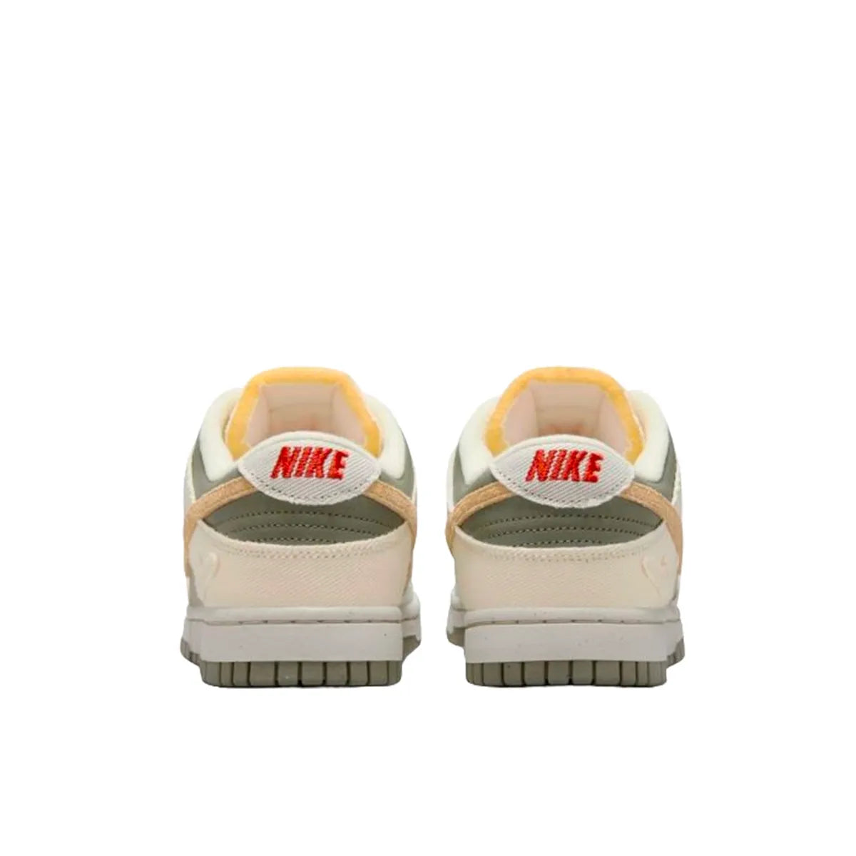 Nike Dunk Low Women's sneakers, back view, model FZ4341-100, in light bone with dark stucco and white accents.