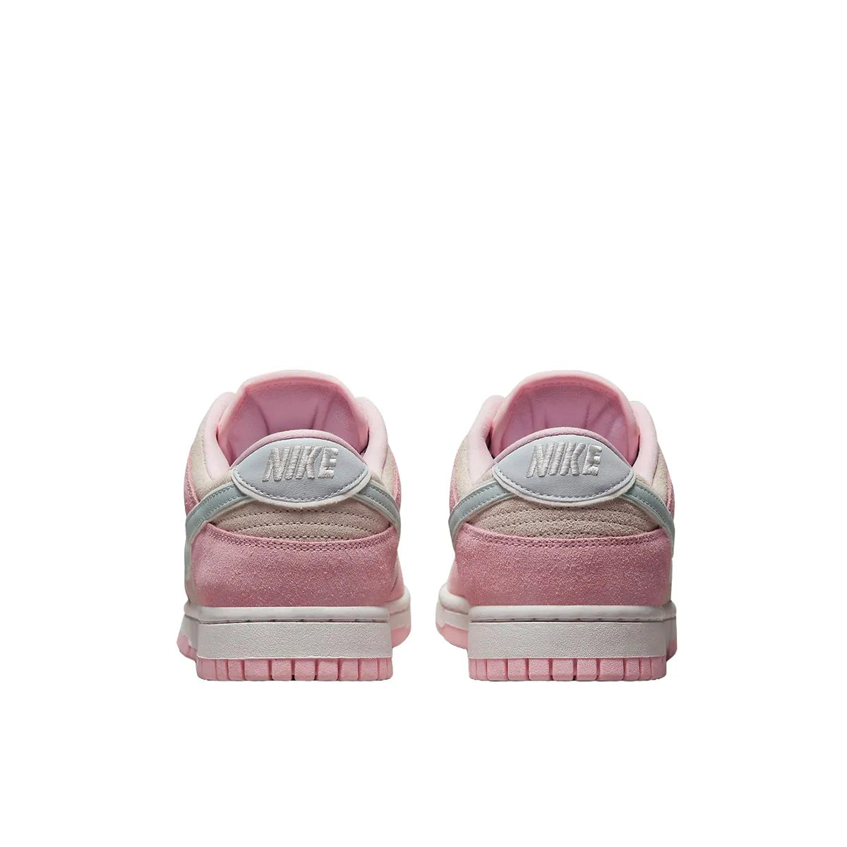 Nike Dunk Low LX Women's sneakers, back view, model DV3054-600 in pink foam with white details.