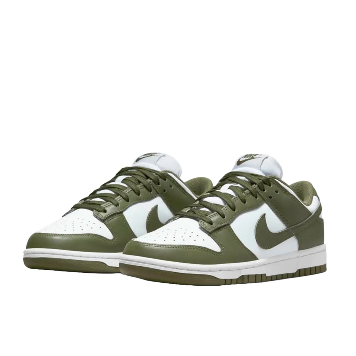 Nike Dunk Low Women's sneakers, front view, model DD1503-120 in medium olive with white details.